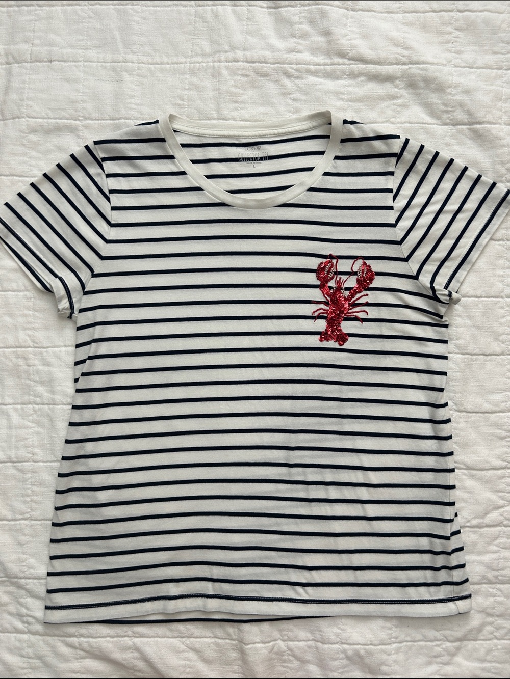 J. Crew White & Navy Striped Tee with Red Sequin Lobster